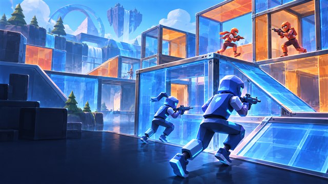 Original DropRank illustration of blue and amber geometric teams practicing among translucent walls and ramps.