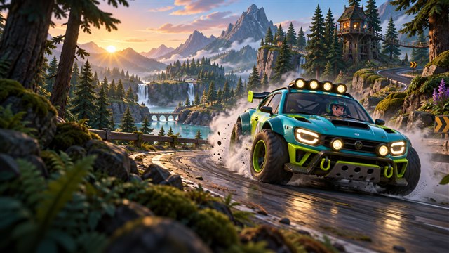 Original DropRank artwork: A teal rally car drifts along a winding pine forest road at sunrise.