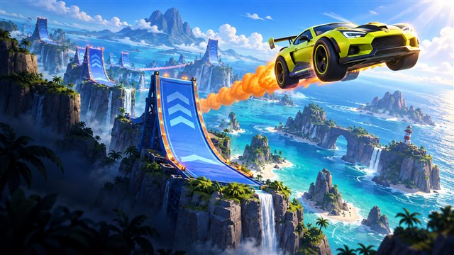 Original DropRank illustration of a yellow stunt coupe soaring from a blue ramp above ocean islands.