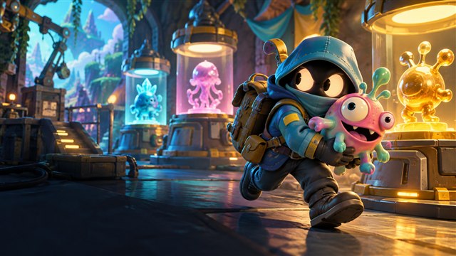 Original DropRank artwork: A sneaky toy courier carries a goofy asymmetric creature past glowing workshop pedestals.