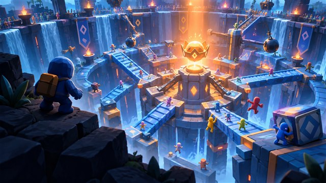 Original DropRank artwork: Tiny geometric contestants among stacked blue ramps in a towering circular sunken arena.