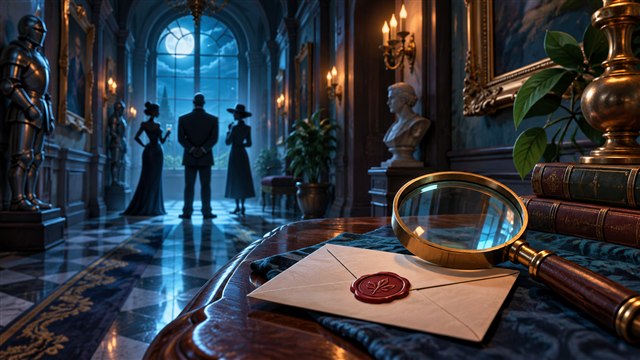 Original DropRank artwork: Magnifying glass and clue envelope in a dim mansion hallway with three mysterious guests.