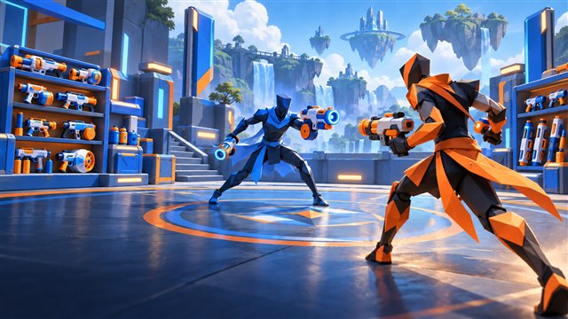 Original DropRank artwork: Two original angular blue and orange duelists face off with chunky toy training blasters beside futuristic equipment racks.