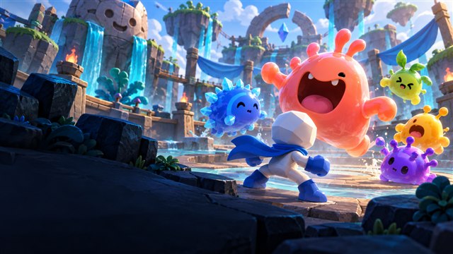 Original DropRank artwork: A geometric hero faces whimsical asymmetric blob creatures in a bright toy arena.