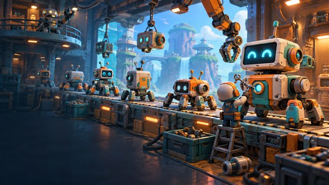 Original DropRank artwork: Whimsical original boxy and multi-legged robots roll through a colorful assembly workshop.