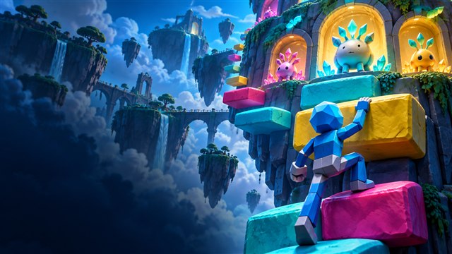 Original DropRank artwork: A geometric climber ascends colorful platforms toward cute toy creatures in glowing alcoves.