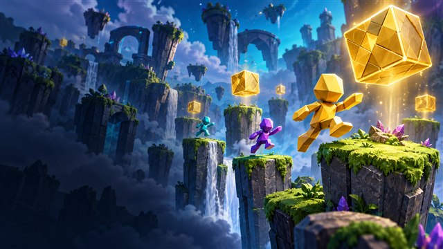 Original DropRank artwork: Golden geometric mystery cubes hover over green-topped pillars with tiny toy challengers.