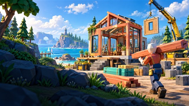Original DropRank artwork: A faceless builder works beside the visible frame of a modern tiny house with a crane and colorful supplies.